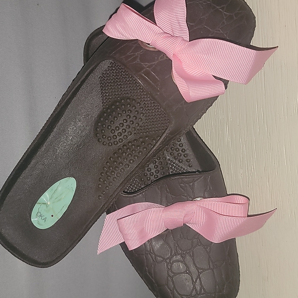 Oka B, mules with color ribbon choice 3/4" limited pink or blue red!